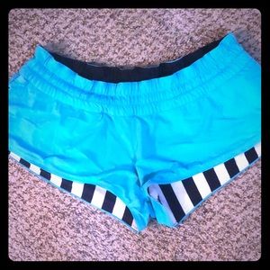 Size 10 aqua blue/ black and white striped shorts